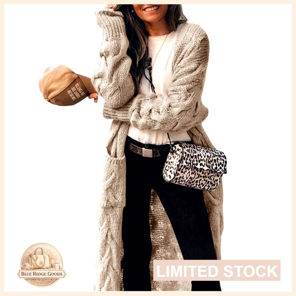 Long Cardigan Coat Cable Knit Open Front Loose Sweater with Pockets